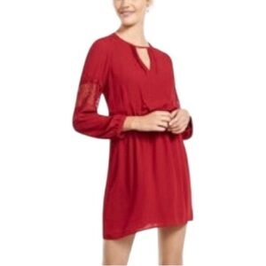 Express Elegant Lace Long Sleeve Elastic Waist Red Keyhole Pleated Dress S